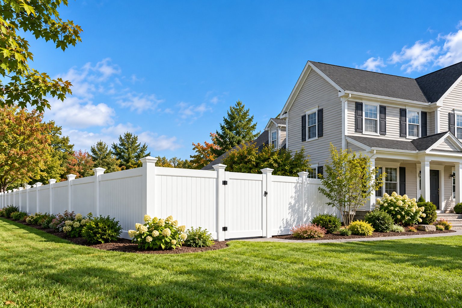 White vinyl privacy fence with gate in front of a colonial home